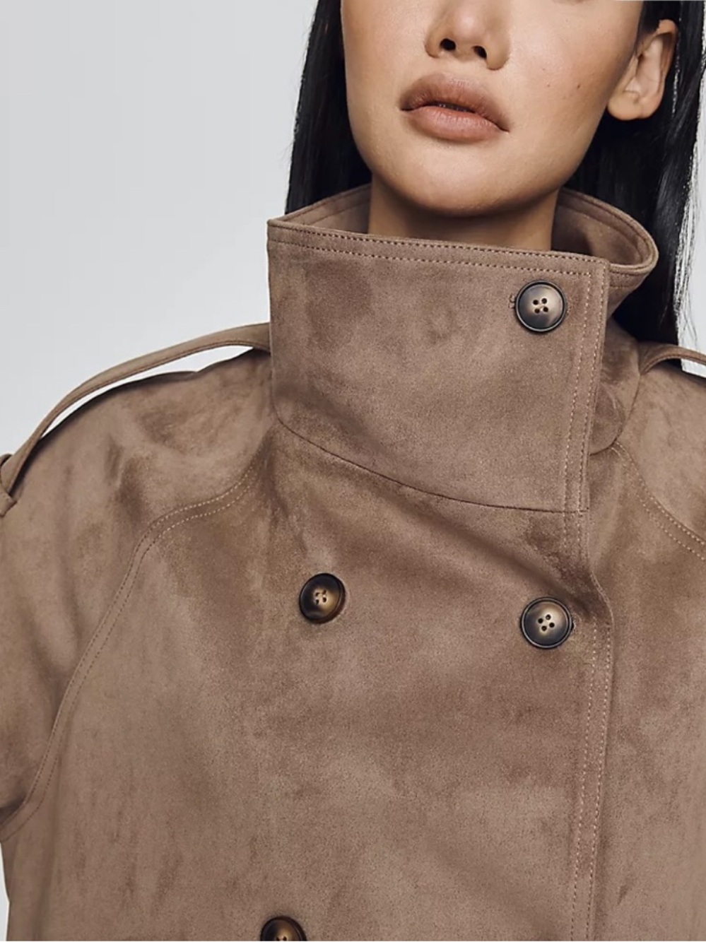 Maeve Taupe Suede Double-Breasted Trench Coat. Extremely Soft